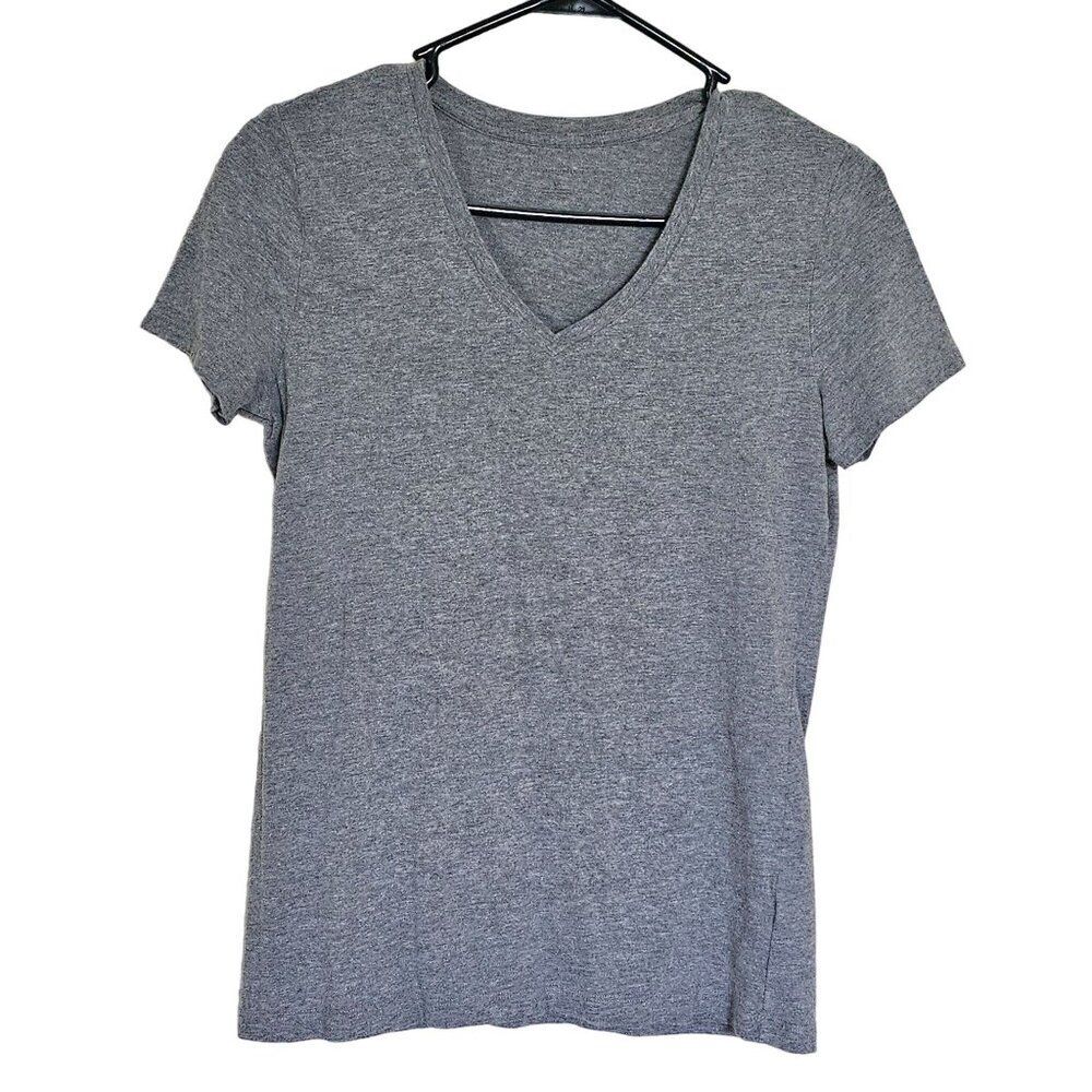SAKS Fifth Avenue Solid Gray Short Sleeve V-Neck T-Shirt Womens S/P Capsule